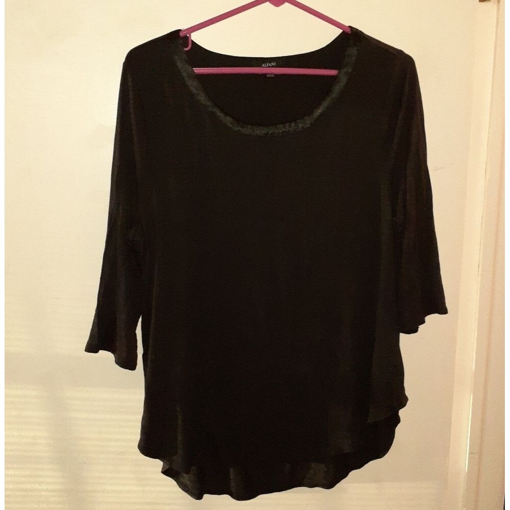 Alfani Top Xl Black Scoop Neck Satin Trim Rayon Knit Blouse Shirt